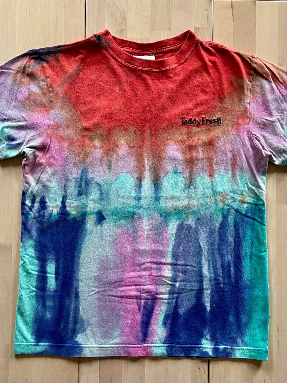 Teddy Fresh Unisex Airbrush Dyed T-Shirt size XS Orange Pink Blue Seafoam Unique